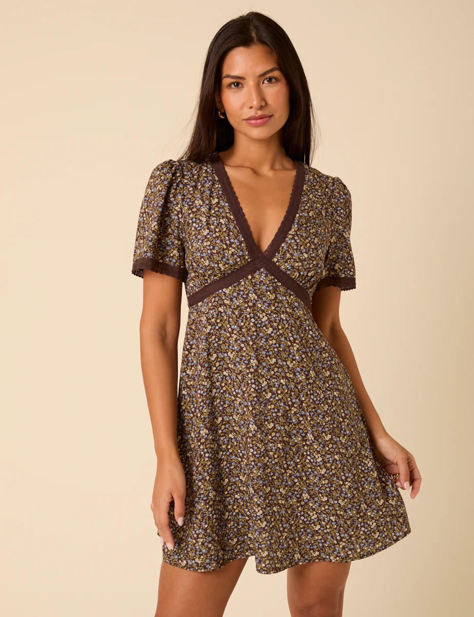 Brown Floral Lace Trim Kharian Mini Dress | Nobody's Child