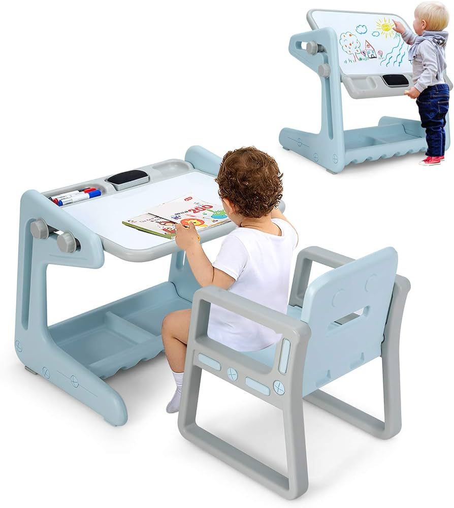 Costzon 2 in 1 Kids Table & Chair, Art Easel w/Adjustable Magnetic Painting Board, Storage Space,... | Amazon (US)