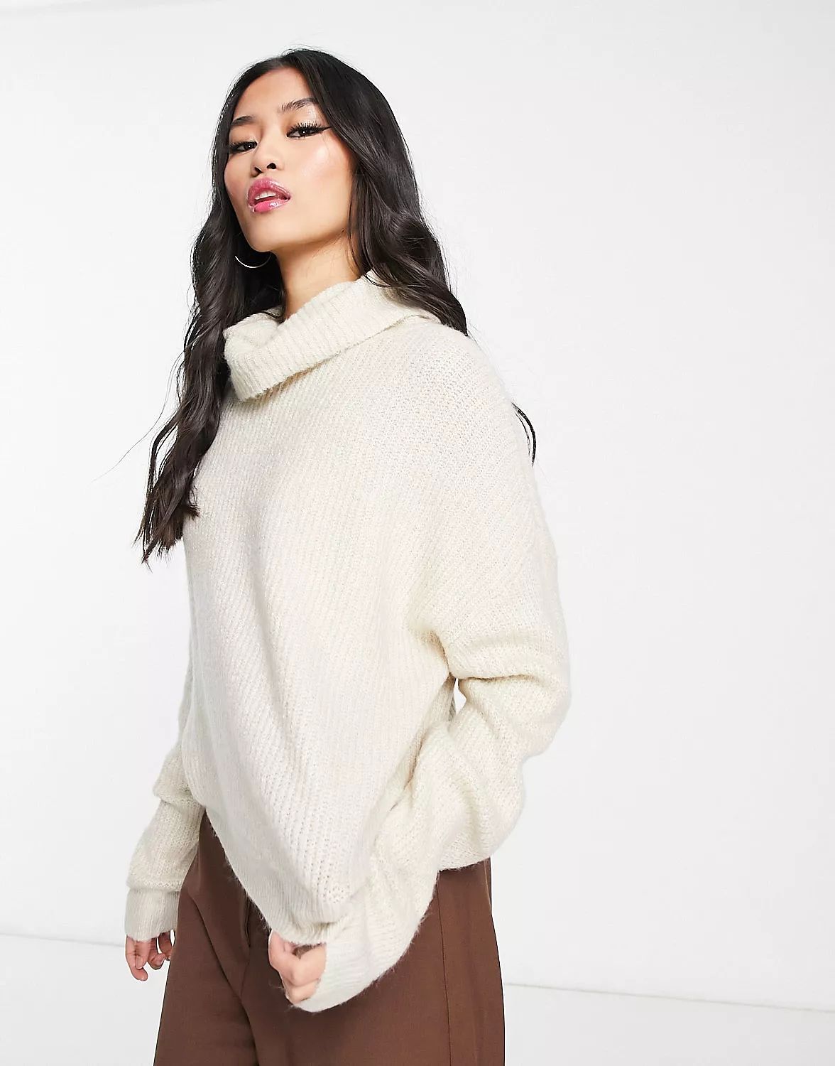 JDY soft ribbed roll neck knitted sweater in cream | ASOS (Global)