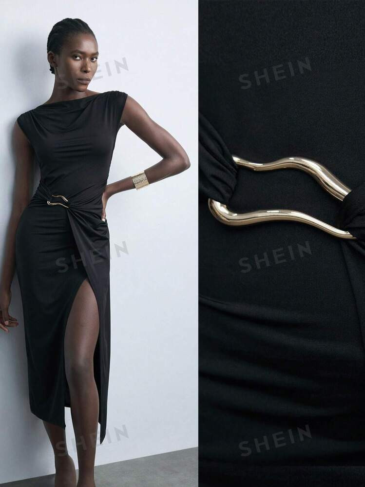 Maija Vestido de punto ajustado negro de manga corta hasta la rodilla para mujer, moderno para fi... | SHEIN