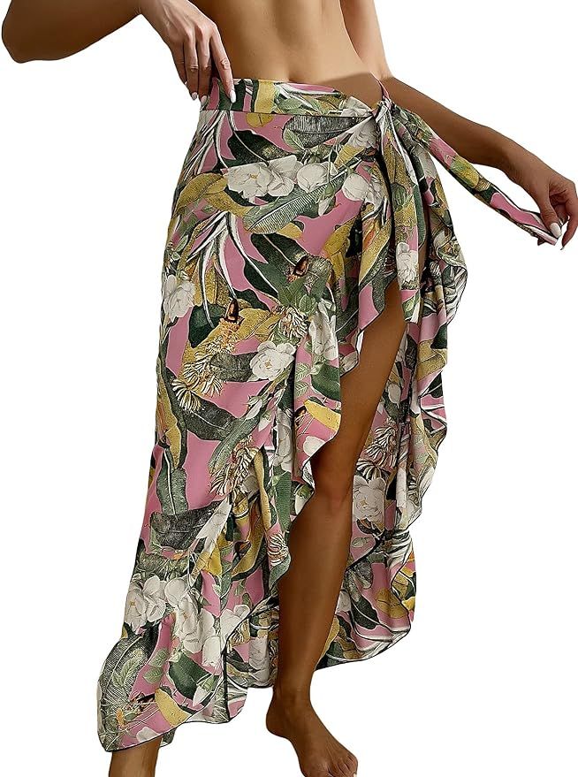 MakeMeChic Women's Floral Ruffle Trim Swimsuit Cover Up Wrap Beach Skirt | Amazon (US)