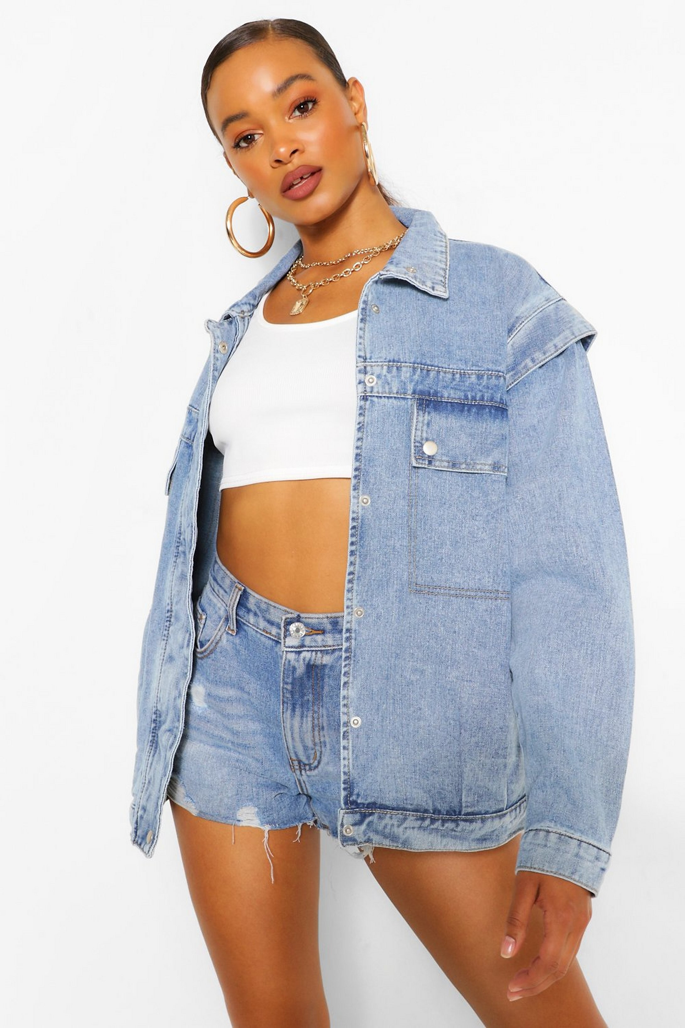 Folded Shoulder Detail Denim Jacket | Boohoo.com (US & CA)