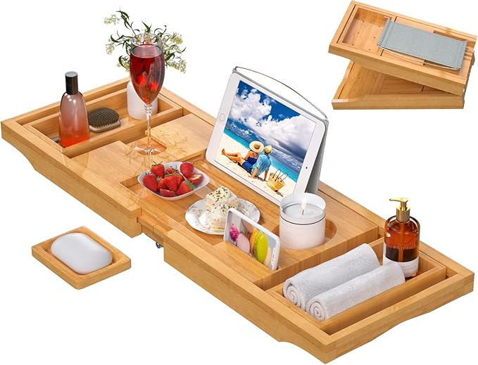 Bathtub Caddy Tray for Tub,Foldable Bamboo Bath Table Tray with Book and Wine Glass Holder, Expan... | Amazon (US)