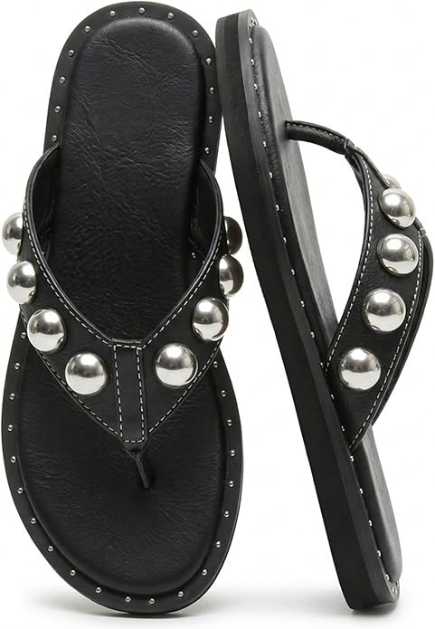 Riekhany Studded Thong Sandals for Women Round Clip Toe Slip On Flip Flops Slides Comfortable Con... | Amazon (US)