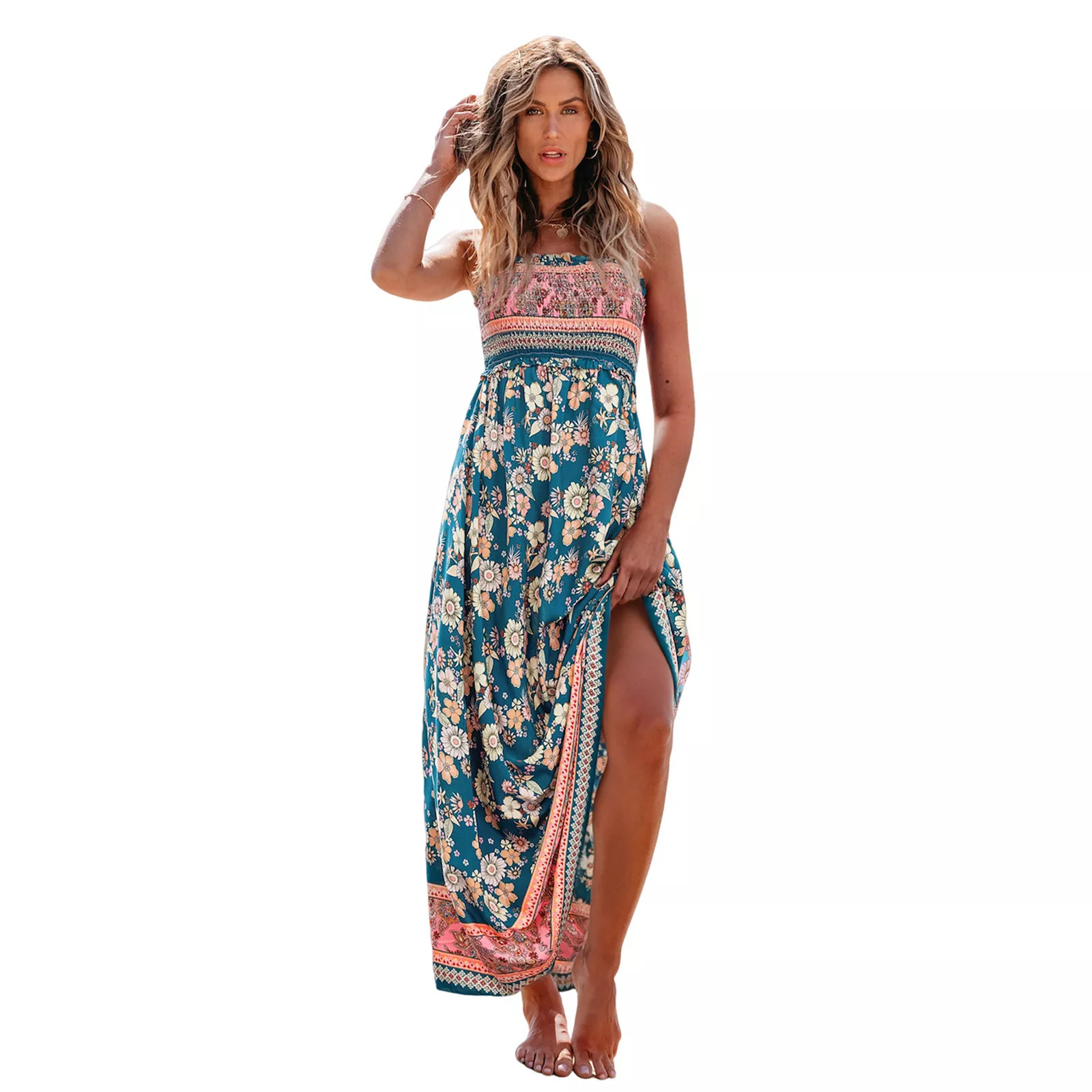 Women's Cupshe Floral Print Smocked Maxi Dress, Size: Medium, Blue | Kohl's