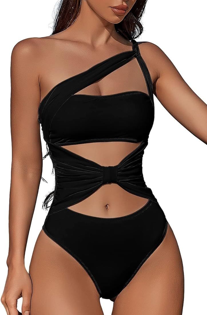 QINSEN Womens One Shoulder Swimsuit Cutout Front Ruched Cheeky Thong One Piece Swimwear | Amazon (US)