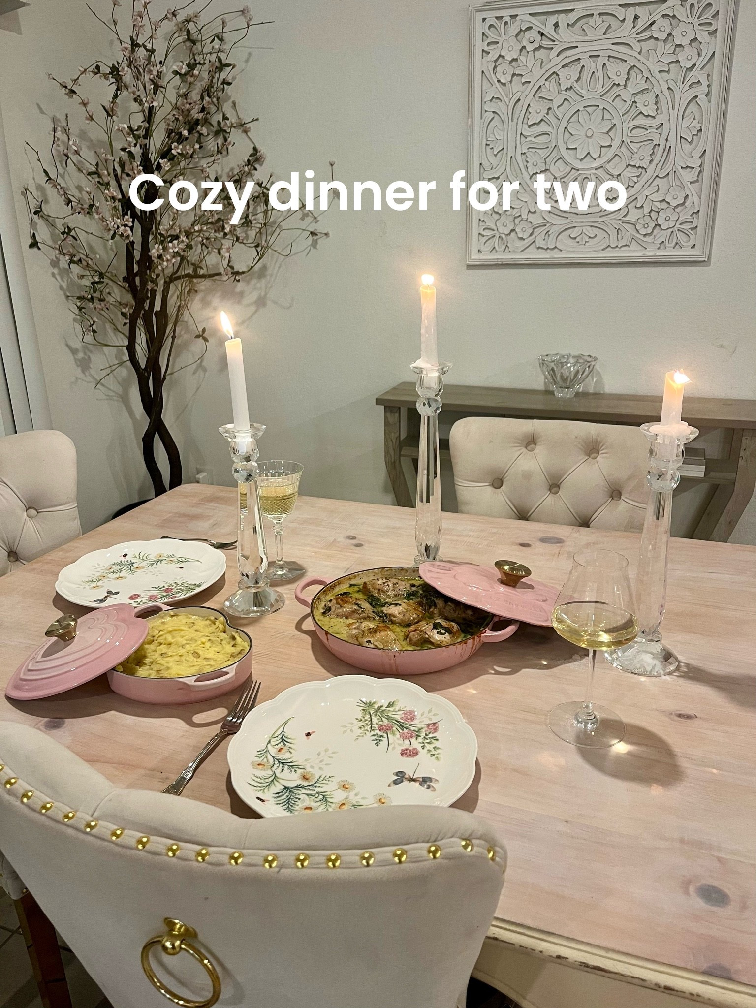 Made a cozy tablescape for dinner tonight with tall crystal candle sticks and favorite Le Creuset pink cookware. I love how efficiently these pans can go from oven to table while looking so pretty all at the same time. Make sure to get my delicious recipe for Chardonnay Chicken over on my Substack:) fancy my way. 💕