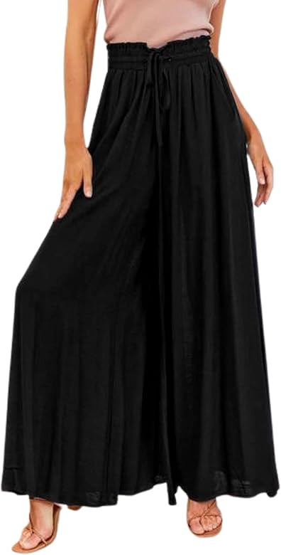 Hooever Women's Wide Leg Pants Flowy Drop Ruffle Drawstring Waist Palazzo Pants | Amazon (US)