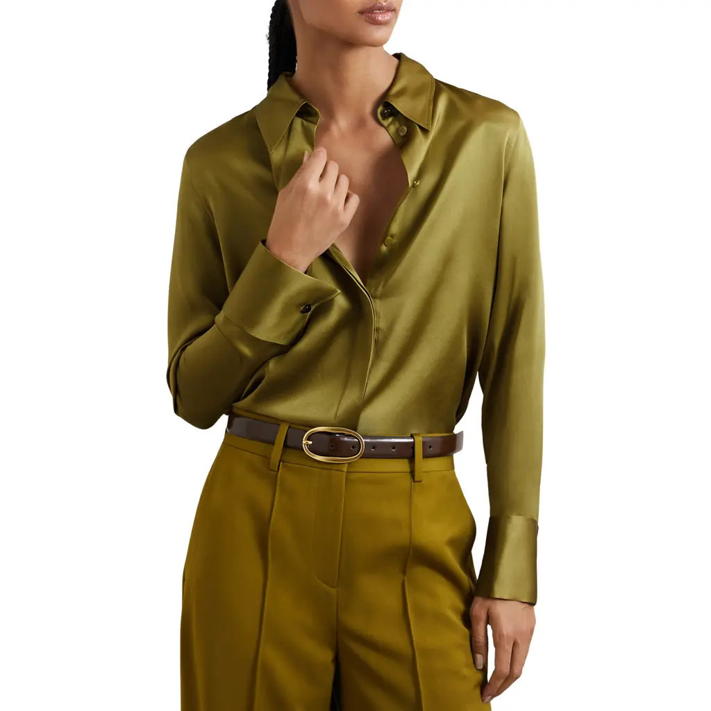 Reiss Ameira Silk Satin Button-Up Shirt in Light Green at Nordstrom, Size 0 Us | Nordstrom