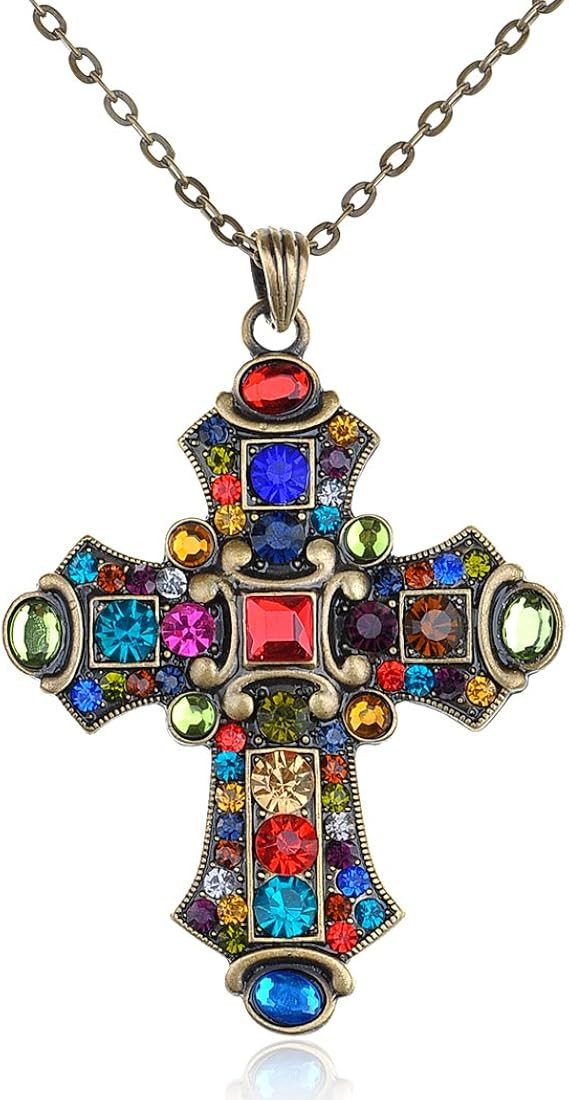 Alilang Ornate Antique Golden Tone Colorful Rhinestone Cross Pendant Necklace | Amazon (US)
