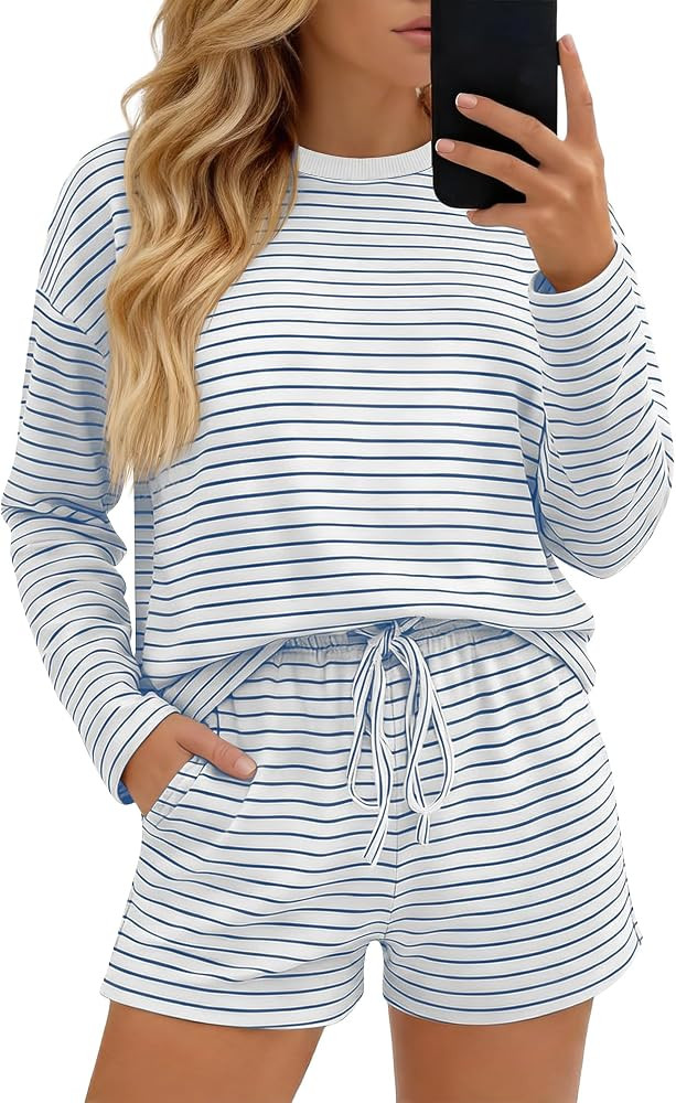 Women's Striped 2 Piece Lounge Set Long Sleeve Cotton Pajamas Tops Crewneck Shirt Drawstring Shor... | Amazon (US)