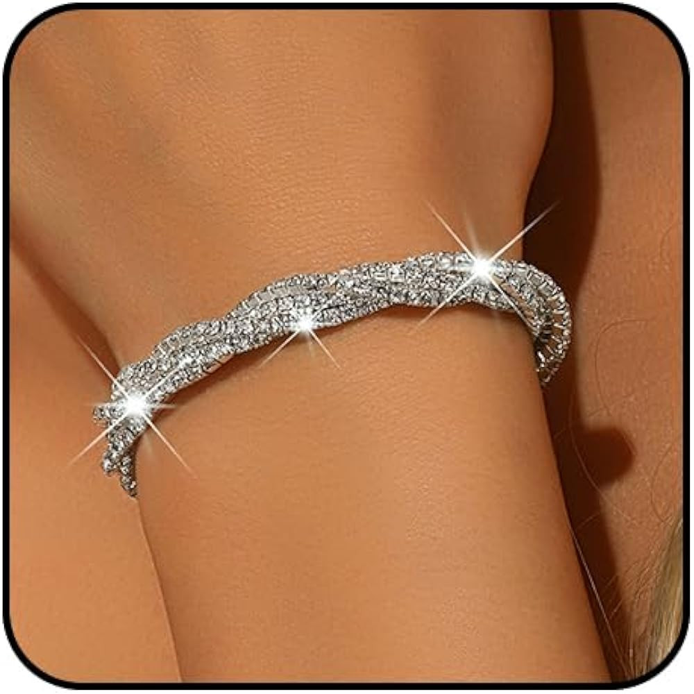 Bling Silver Rhinestone Stretch Twisted Bracelets for Women Sparkly Crystal Wedding Prom Bracelet... | Amazon (US)