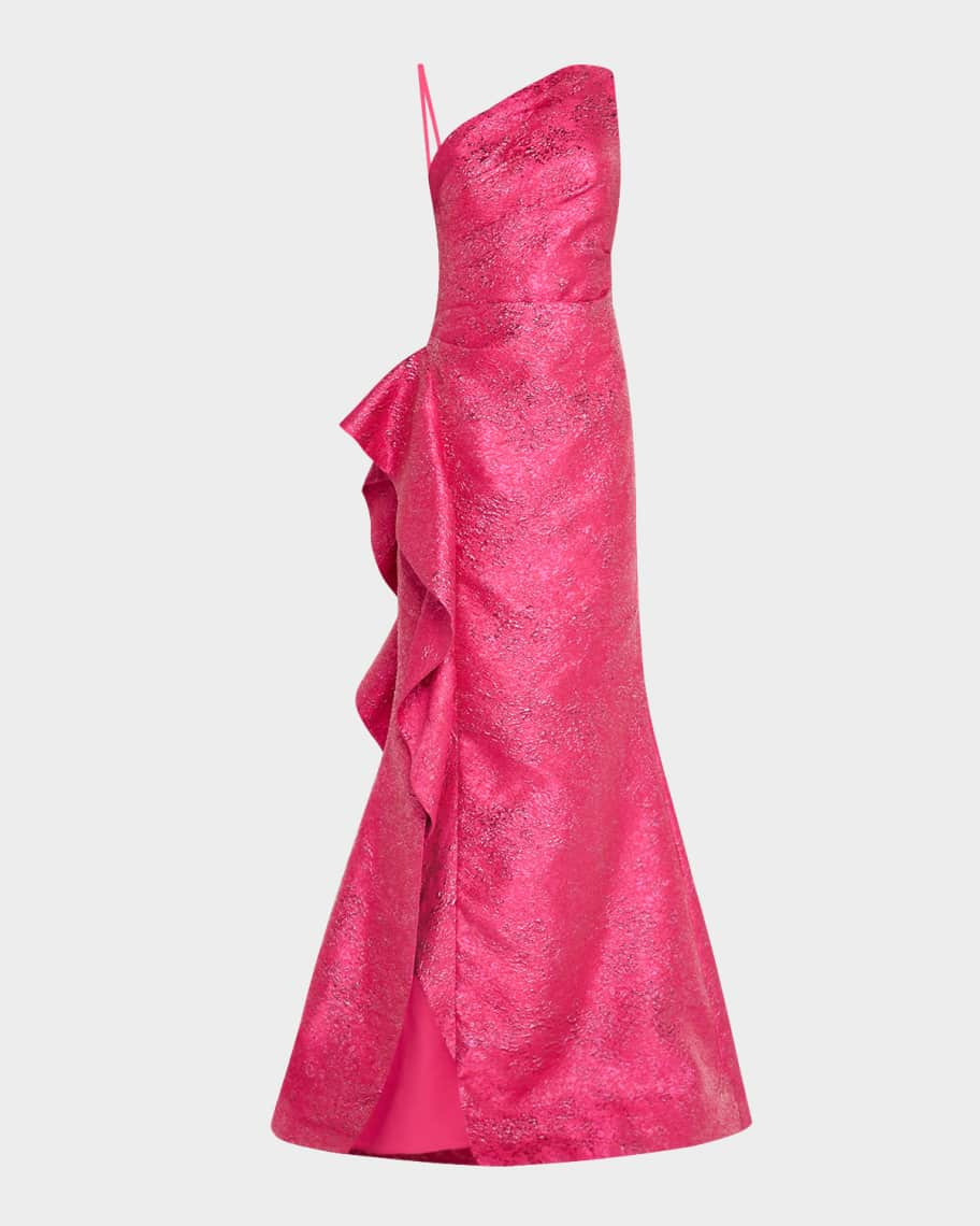 Rickie Freeman for Teri Jon One-Shoulder Metallic Jacquard Trumpet Gown | Neiman Marcus