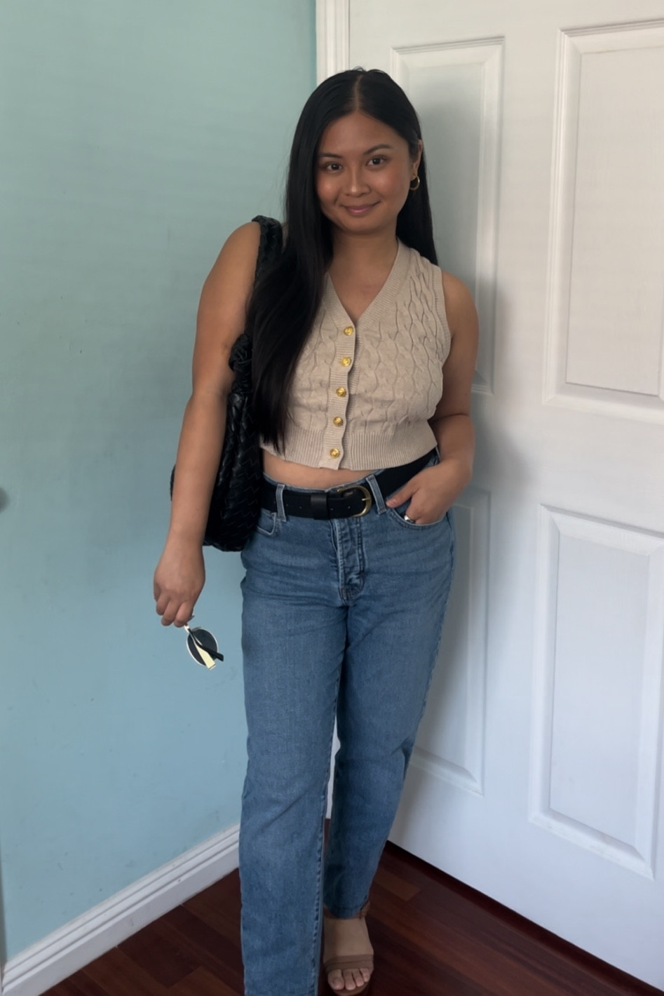 Outfit inspo, Marshall’s knit beige button up vest, target mid rise 80s slim fit universal thread jeans, Amazon Celine sunglasses, target botegga dupe handbag, seychelles double dip, tan leather platform ankle strap high heel sandals

#LTKShoeCrush #LTKStyleTip #LTKWorkwear