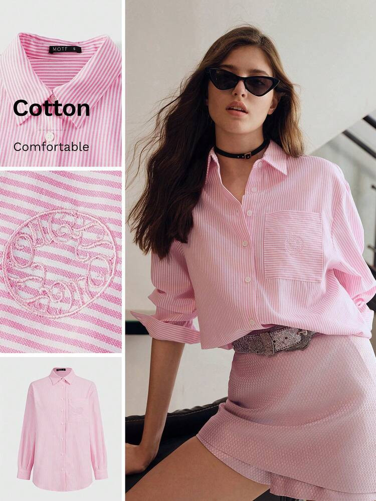 MOTF STUDIO STRIPED PRINT EMBROIDERY DETAIL DROP SHOULDER SHIRT | SHEIN