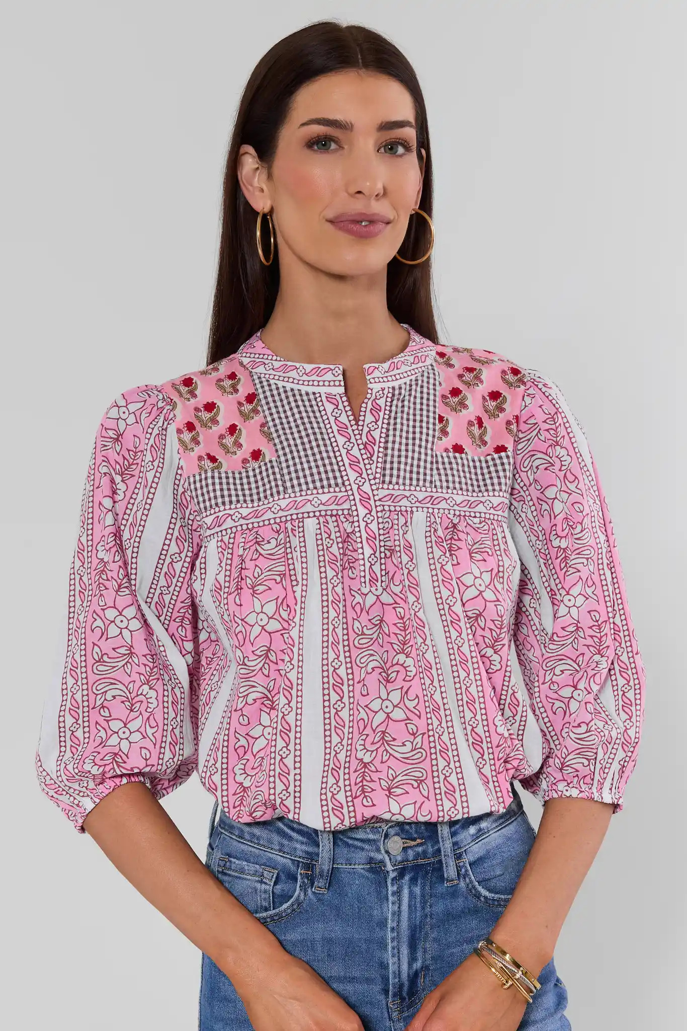 Pink Printed Split Neck Top by THML | Avara