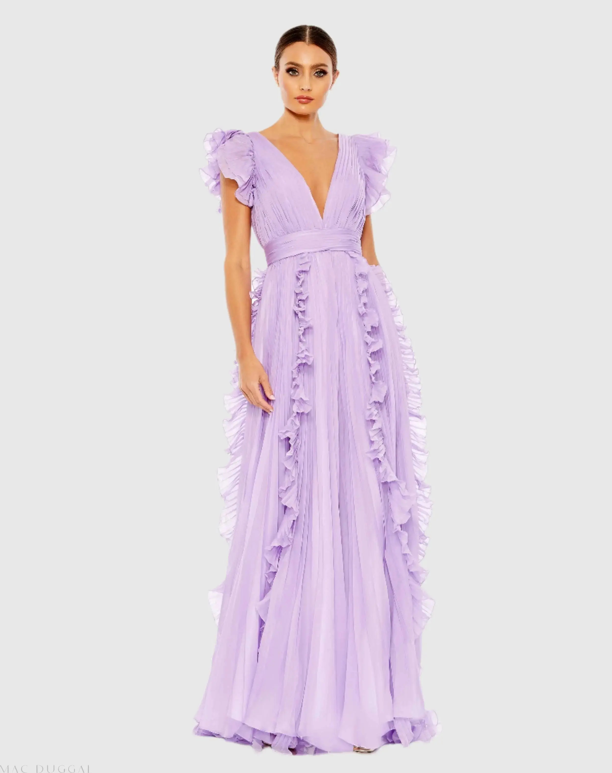 Purple Pleated Ruffle Cap Sleeve Flowy A Line Gown - Mac Duggal | Mac Duggal