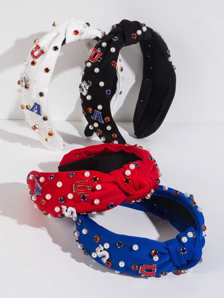 1pc Women Fashionable Flag Headband With Pearl & Rhinestone Decorations Wide Edge Hair Hoop Dripp... | SHEIN