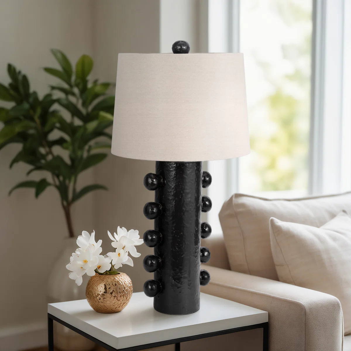 Modern Black Stoneware & Ceramic Table Lamp - 31" Tall with Textured Cylindrical Base & Fabric Sh... | Wayfair North America