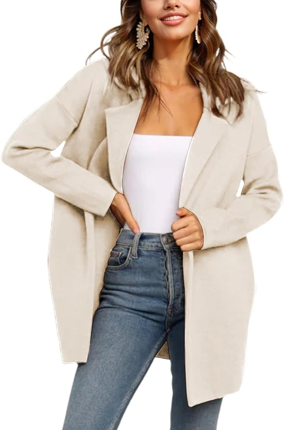 Womens Pea Coat Wool Open Front Solid Color Suede Notch Lapel Mid Long Trench Blazer Overcoat | Amazon (US)