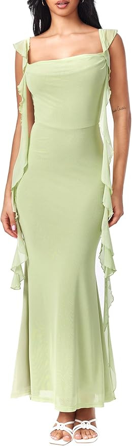CIDER Formal Dresses for Women Wedding Guest Dresses Summer Maxi Dress Sleeveless Mesh Ruffle Coc... | Amazon (US)