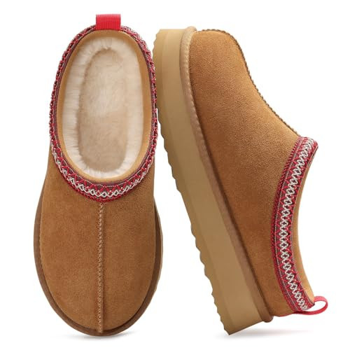 KIDMI Genuine Suede Platform Slippers for Women Fuzzy Winter Warm Shoes Indoor Outdoor, Chestnut 40 | Amazon (US)
