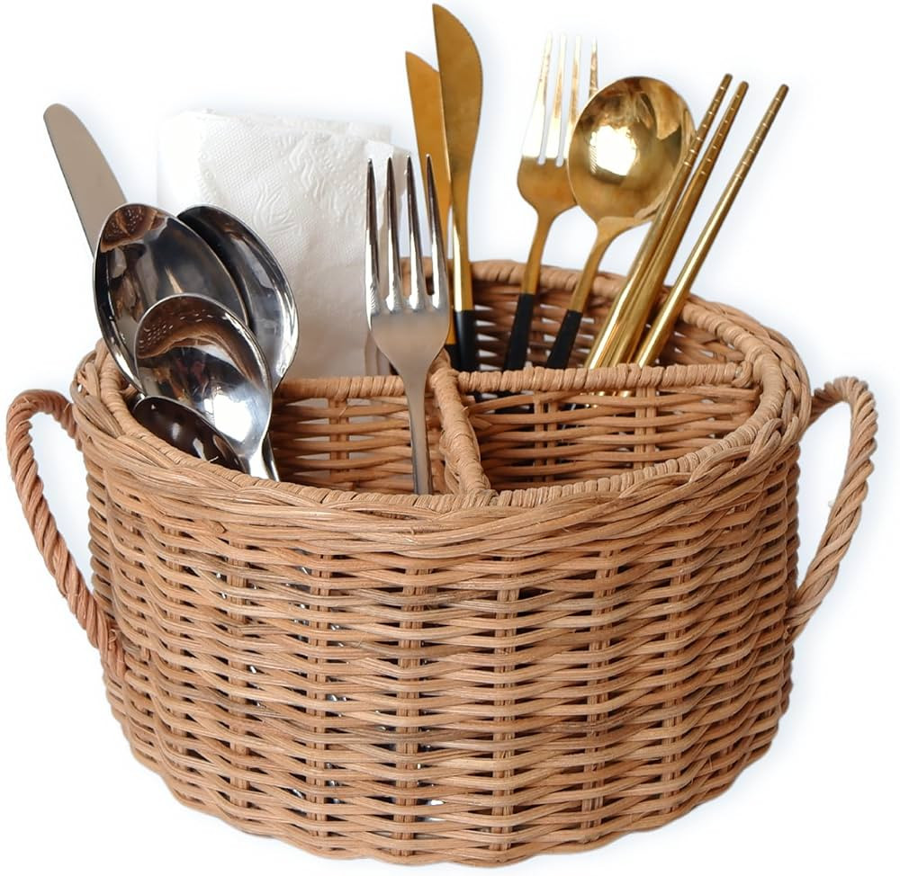 Wicker Utensil Caddy For Party, Countertop Silverware Organizer, Round Rattan Farmhouse Cutlery H... | Amazon (US)