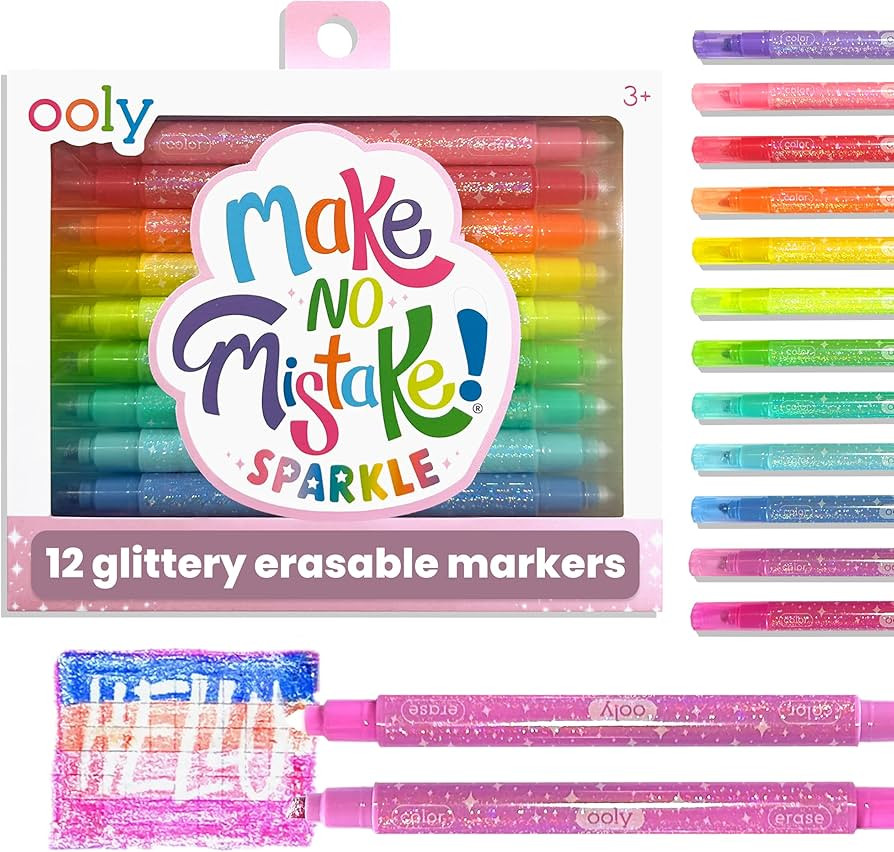 Ooly Make No Mistake Glittery Erasable Markers, 12 Stress and Mess Free Sparkle Markers You Can E... | Amazon (US)