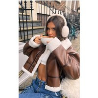 Brown Borg Lined Faux Leather Aviator Jacket | PrettyLittleThing US