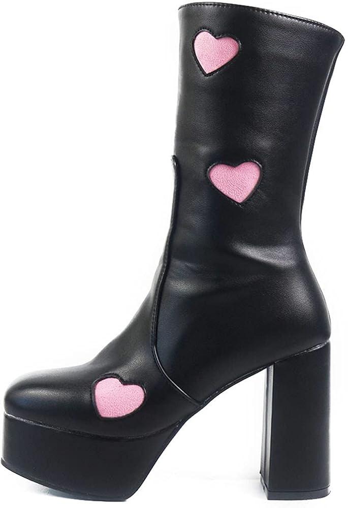 Womens Ankle Boots Side Zipper Sweet Heart Chunky High Heel Go Go Lolita Platform Boots | Amazon (US)