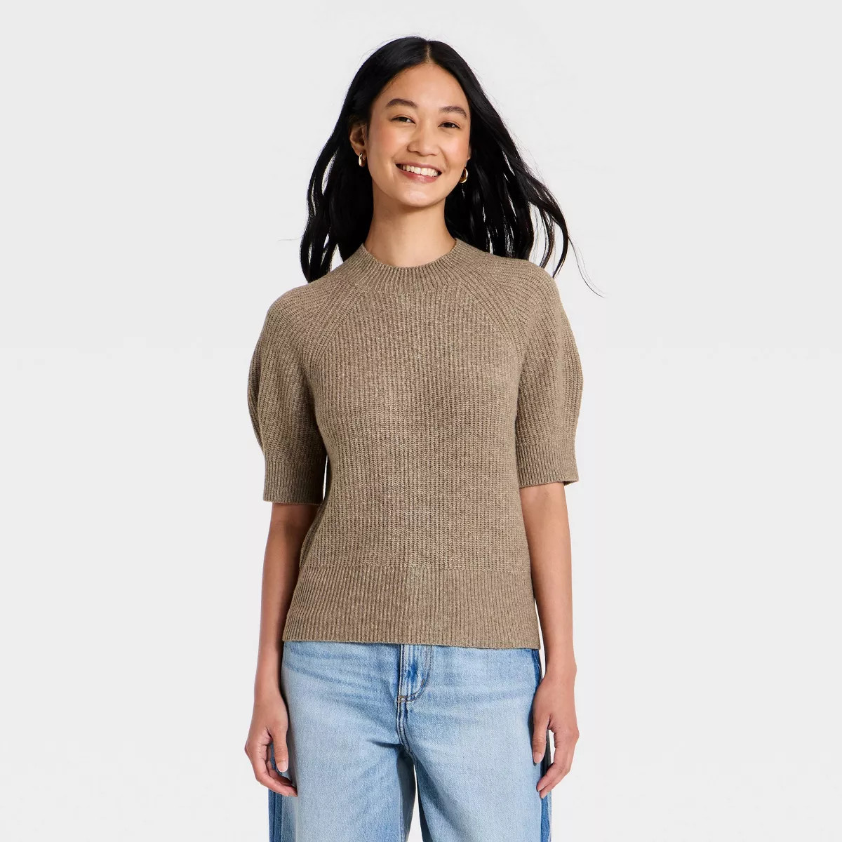 Women's Short Sleeve Cozy Ribbed Crewneck Pullover Sweater - Universal Thread™ Brown M | Target