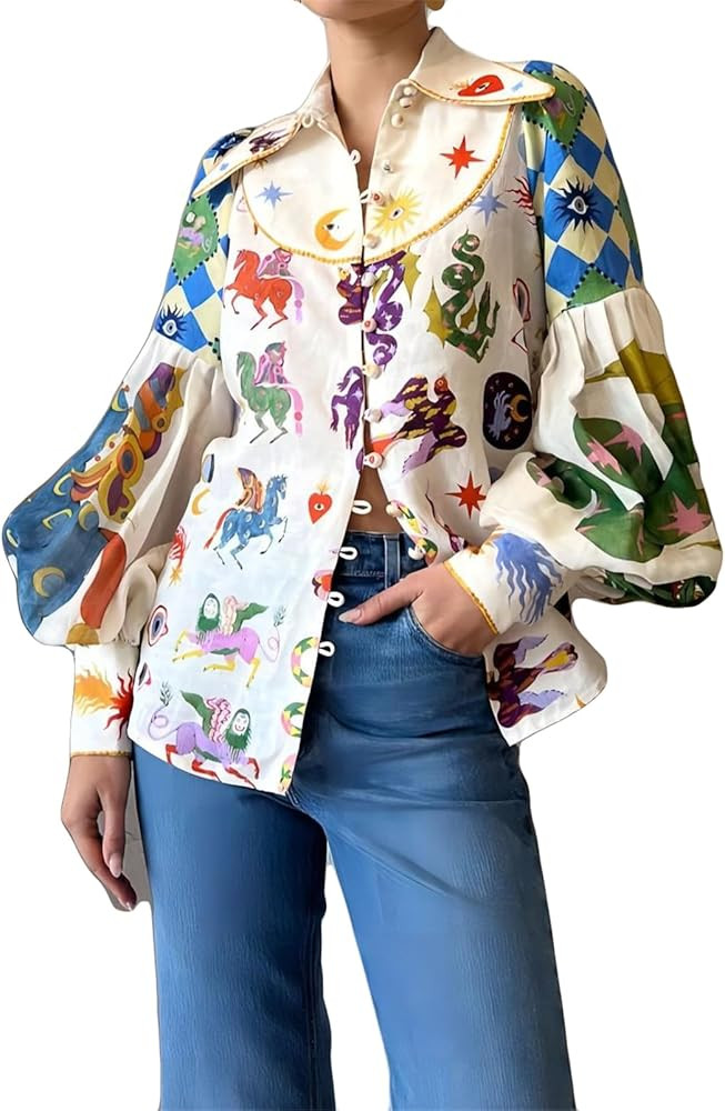 Women's Long Puff Sleeve Lapel Button Graffiti Printed Bodycon Sexy Nightclub Party Blouse Shirts... | Amazon (US)