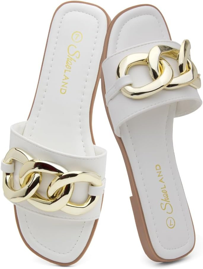 Shoe Land Flat Sandals for Women, Dressy Slides with Metal Chain, Square Open Toe Single Band, Cushioned Footbed Summer Sandals | Amazon (US)