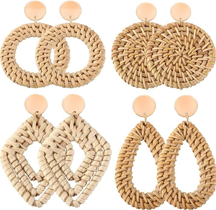 Yaomiao 4 Pairs Rattan Earrings Boho Straw Woven Earrings Handmade Wicker Drop Earrings Dangle Ge... | Amazon (US)