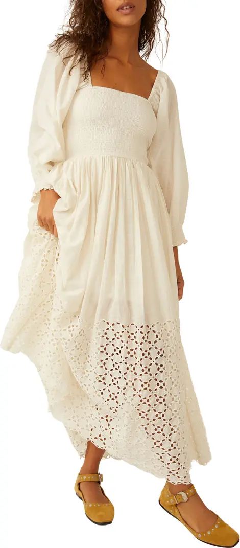 Free People Perfect Storm Smocked Eyelet Long Sleeve Maxi Dress in Infinity at Nordstrom, Size X-... | Nordstrom