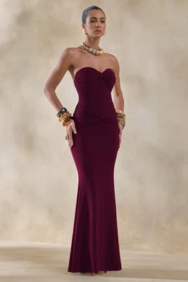 Elodia | Burgundy Bandeau Maxi Dress With Gathered-Detailing | Club L London