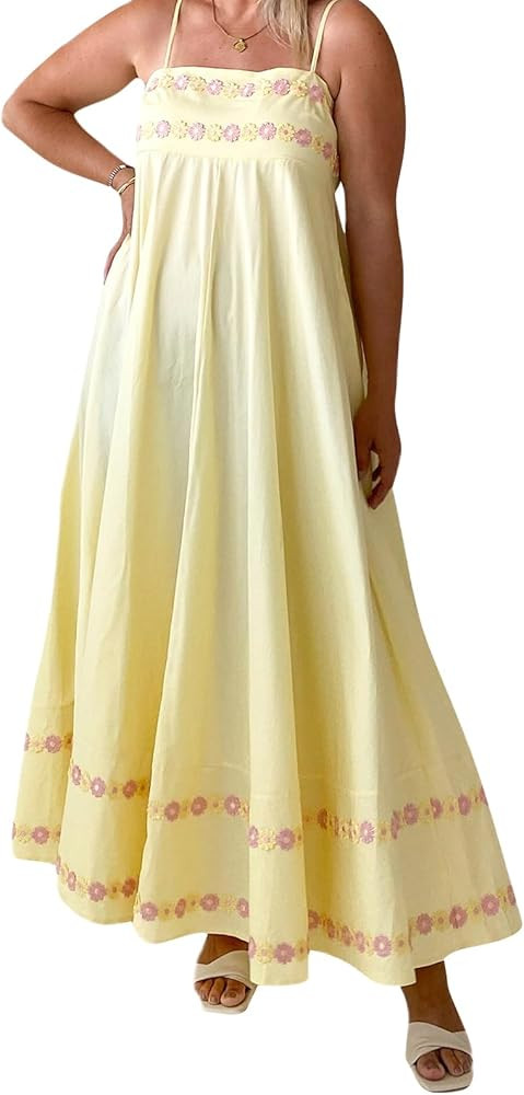 Women Boho Floral Sleeveless Smocked Maxi Dress Square Neck Spaghetti Strap Flowy Swing A Line Su... | Amazon (US)