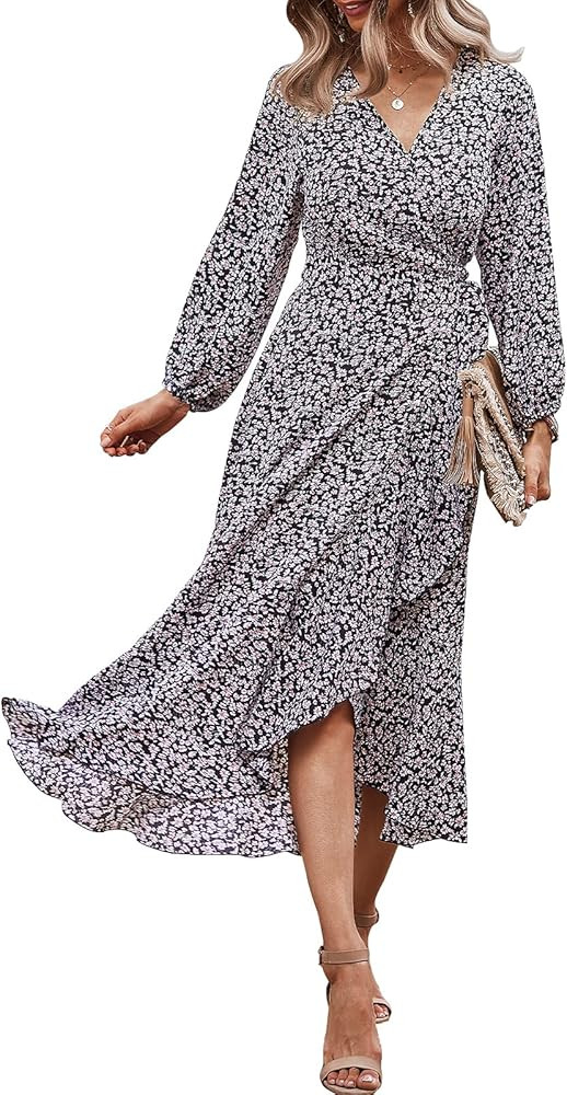 PRETTYGARDEN Women's Long Sleeve Vintage Wrap Dress Floral Print V-Neck Maxi Dresses with Belt | Amazon (US)