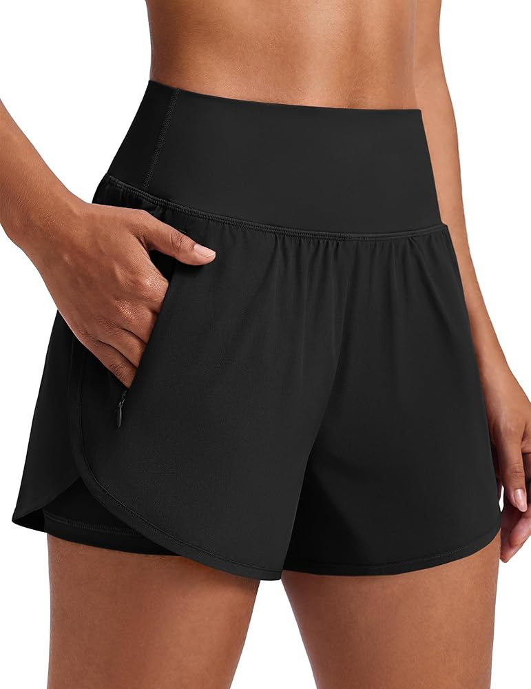 PINSPARK Women's 2 in 1 High Waisted Athletic Running Shorts 3" Dolphin Hem Quick Dry Workout Gym... | Amazon (US)