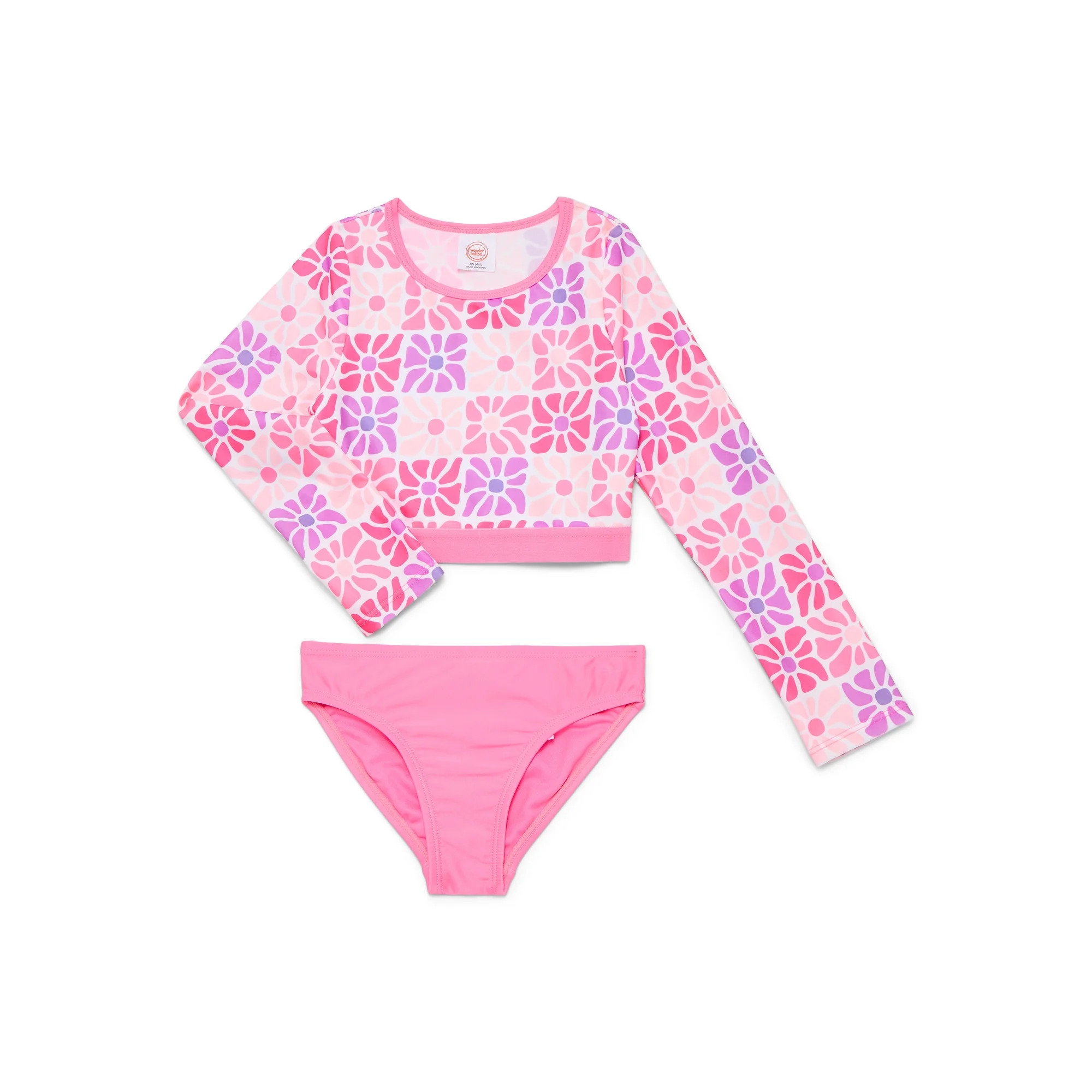 Wonder Nation Girls Cropped Long Sleeve Rash Guard and Scoop Bottoms Swim Set with UPF 50, 2-Piec... | Walmart (US)