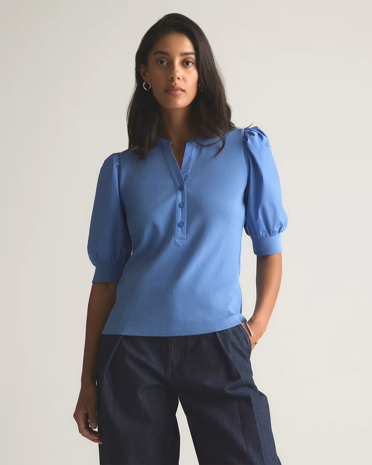 Cotton Mixed Media Puff Sleeve Top | Quince