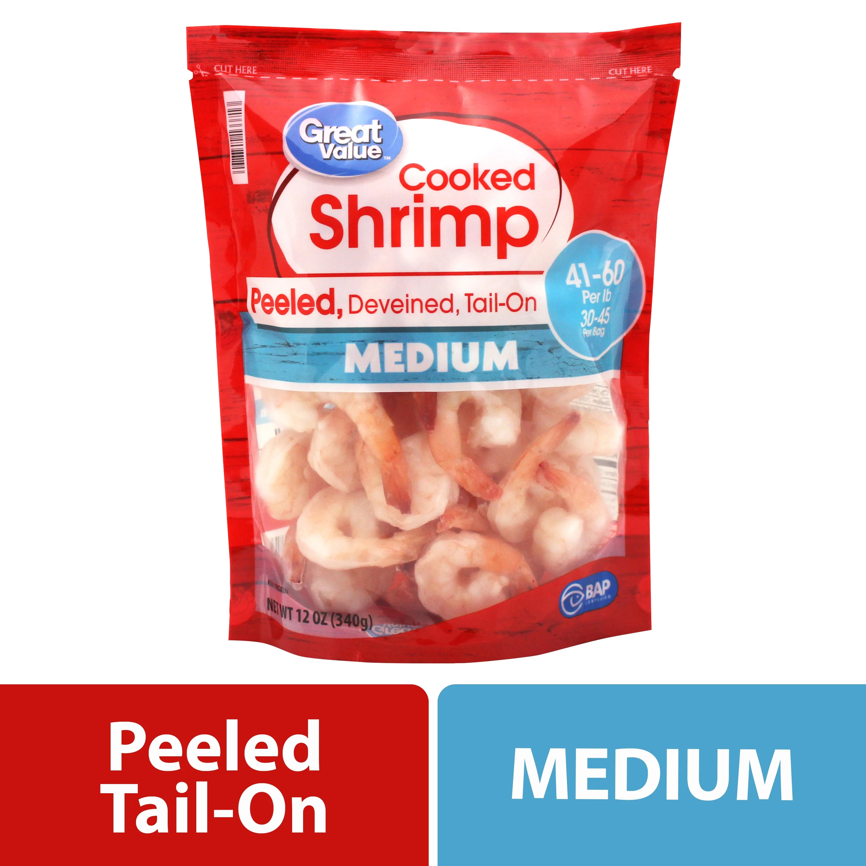 Great Value Frozen Cooked Medium Peeled & Deveined Tail-on Shrimp, 12 oz (41-60 Count per lb) - W... | Walmart (US)