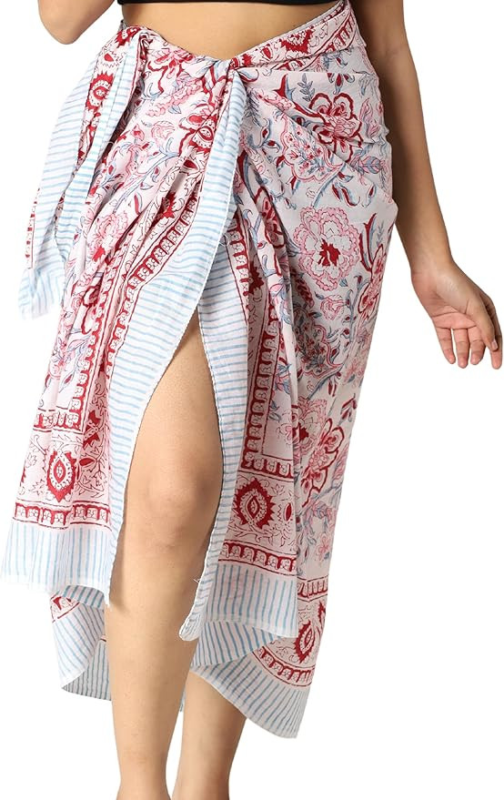 100% Cotton Sarong Coverups for Women Indian Hand Block Print Swimsuit Pareo Wrap Skirt Beach Swi... | Amazon (US)