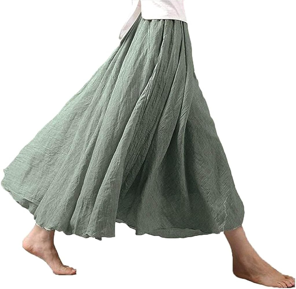 ASHER FASHION Women's Bohemian Style Elastic Waist Band Cotton Linen Long Maxi Skirt Dress | Amazon (US)