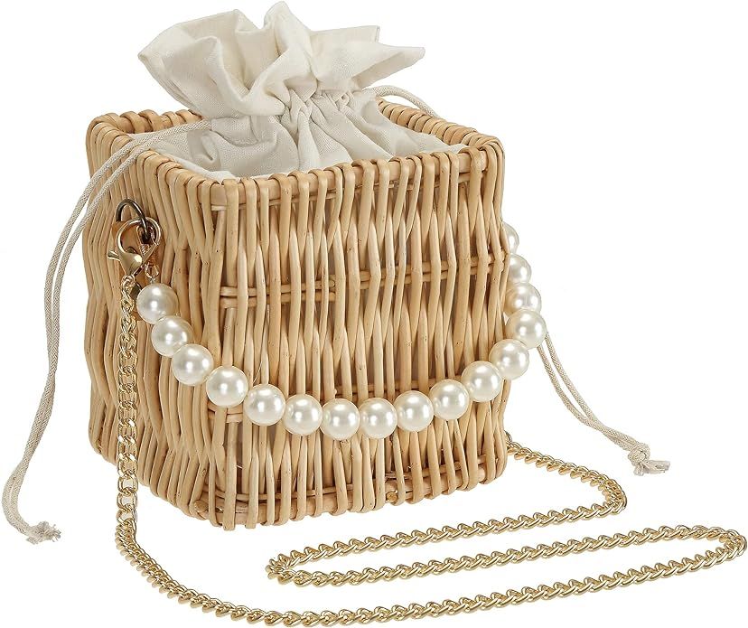 So'each Women Handbag Handmade Rattan Wicker Woven Artificial Pearl Shoulder Bag | Amazon (US)