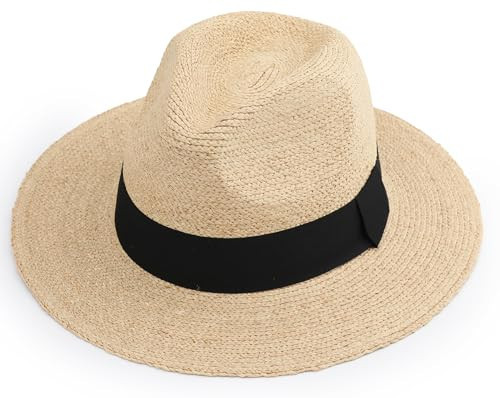 Raffia Straw Fedora Hat for Women and Men, Summer Beach Sun Protection, Packable Adjustable Design (US, Alpha, Medium, Beige-7cm Brim) | Amazon (US)