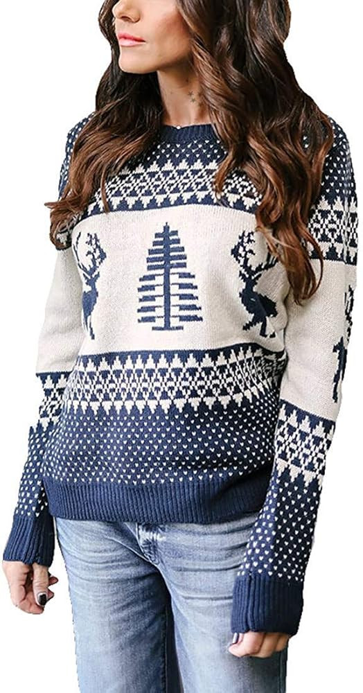 EXLURA Patterns Reindeer Ugly Christmas Sweater Jumper Pullover Tops | Amazon (US)