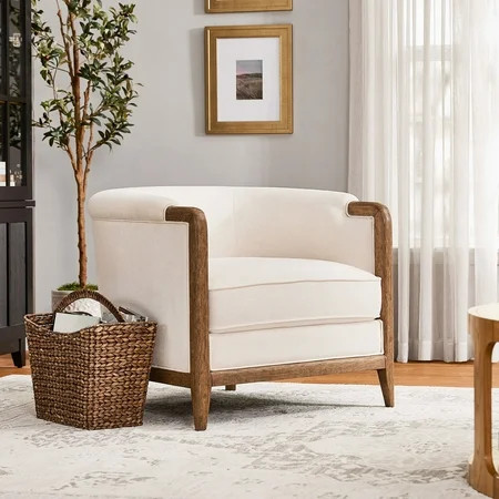 My Texas House Campbell Wood Accent Chair, Cream Fabric | Walmart (US)