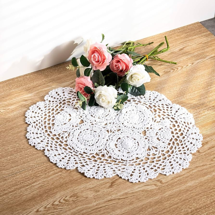 2-Pieces Handmade Cotton Crochet Doilies Oval Lace Table Crochet Placemats 12 x17inch, White | Amazon (US)