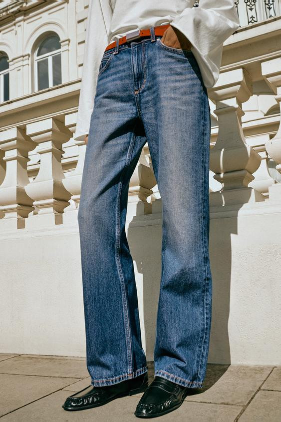 Zara - Z.03 Straight High-Waisted Long Length Jeans - Women - Mid-Blue - Women | Zara US